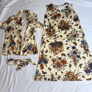 Vintage 60s/70s mushroom & butterfly print set 3-pc dress, jacket & belt, size M